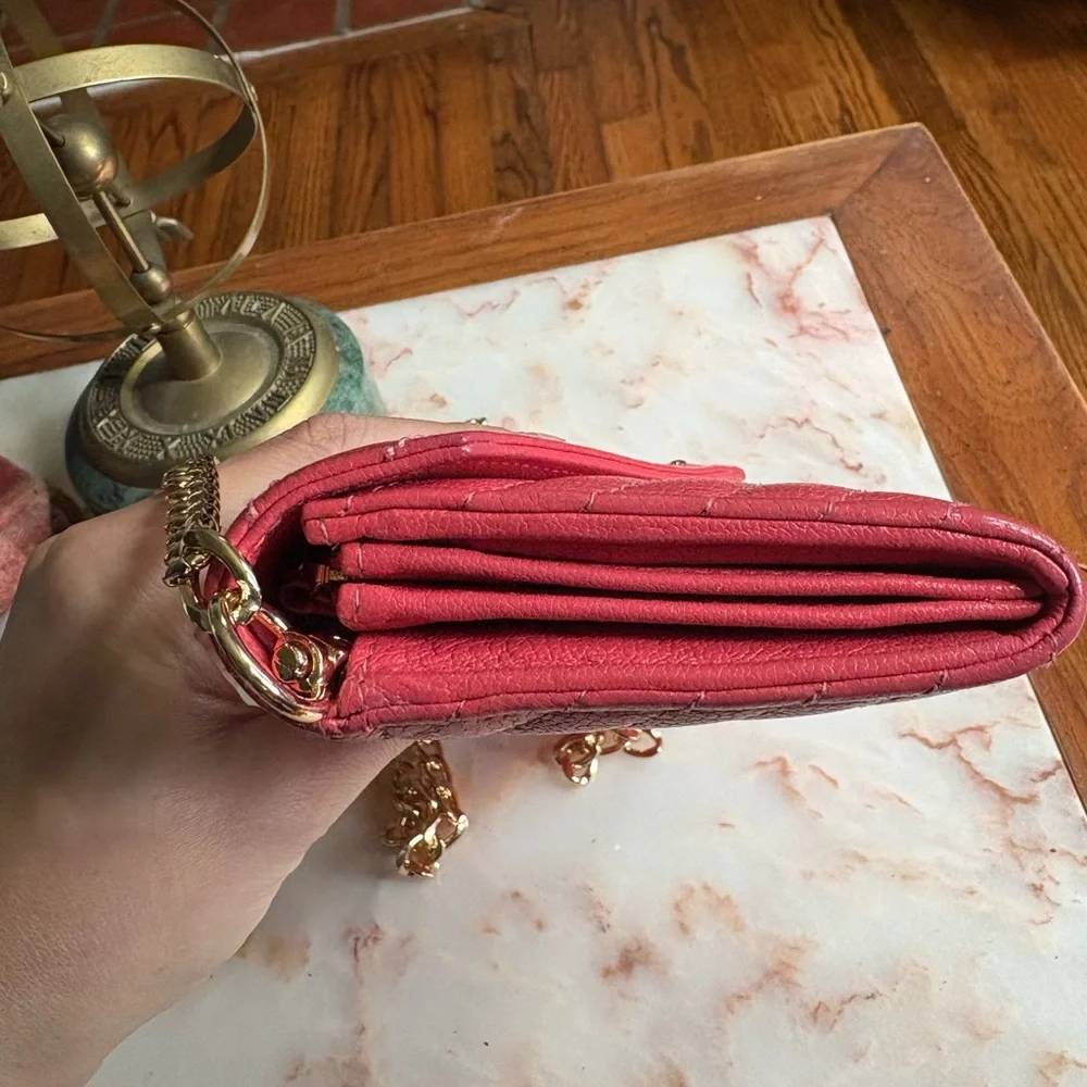 Chanel Pink and Gold Quilted Chevron Wallet with Added Chain